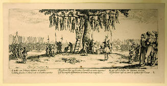 Onlookers encircle a large tree hung with the victims of a mass execution. 