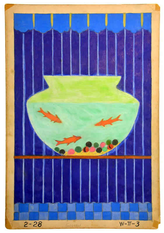 A fishbowl with three goldfish against a dark blue striped background.