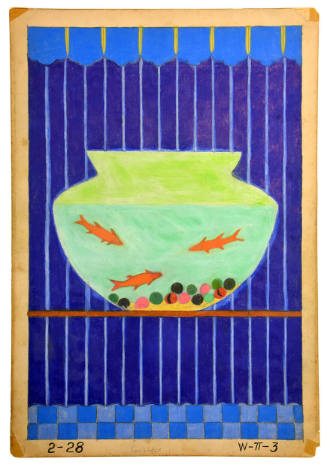 A fishbowl with three goldfish against a dark blue striped background.