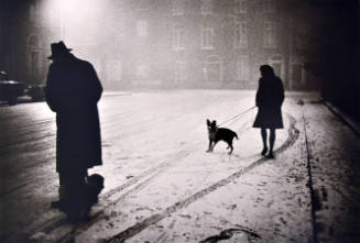 A black and white photograph of a man and a woman walking their dogs. 