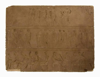 Two top registers depict processions of musicians and the bottom register shows seated figures.…