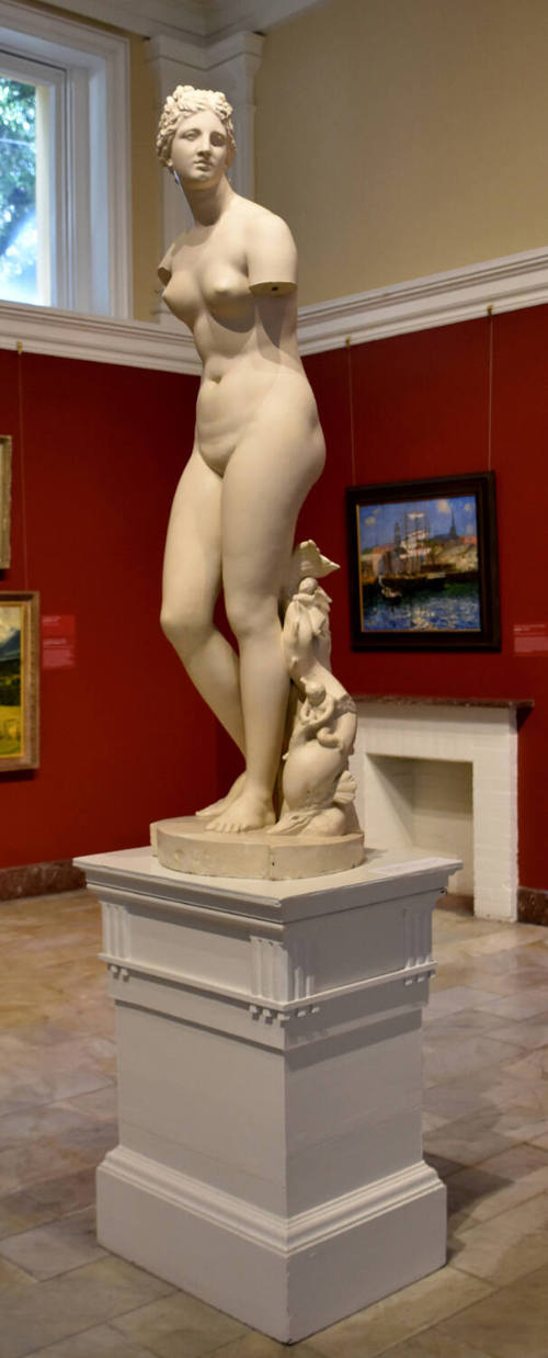 A standing nude woman with cherubs riding a dolphin next to her left foot.