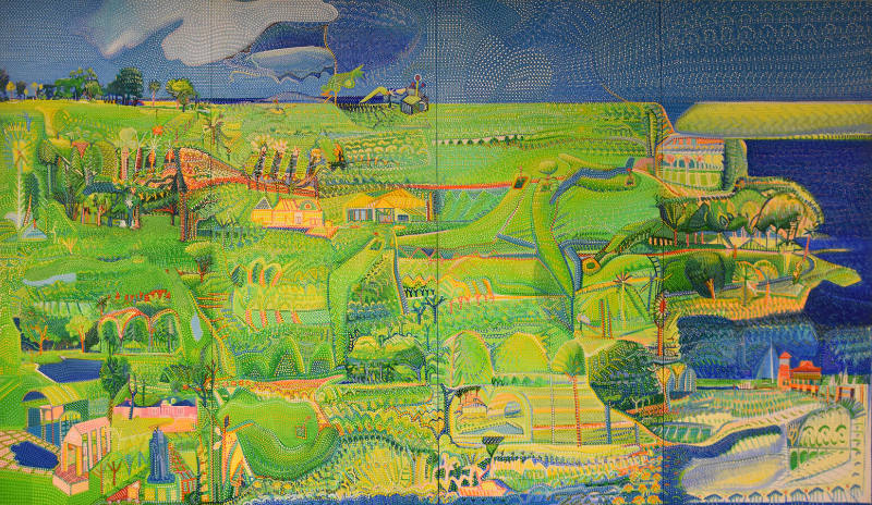 A vibrant landscape composed of small dots of paint.