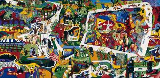 Colorful, complex large-scale collage composition in horizontal format.