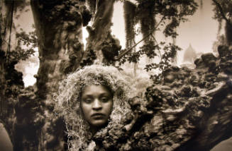 A woman with moss covering her head peering between two knotty tree trunks.