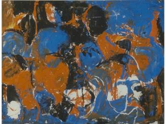 An abstract work in blue, orange and black.