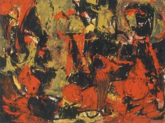 A red, black and dark yellow abstract painting.