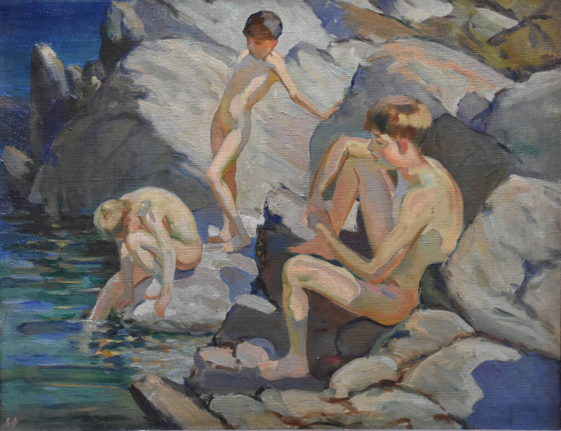 A painting of three nude boys lounging on rocks by a pool of water.