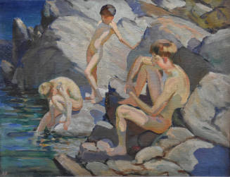 A painting of three nude boys lounging on rocks by a pool of water.