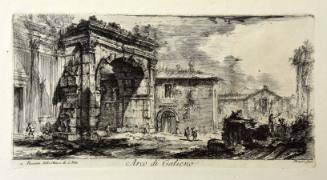 A figure with a cane on the left walks passed the ruins of a neglected arch attached to the fac…