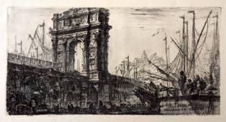 A crenellated bridge with a triumphal arch in the center sits high above the quay and the masts…