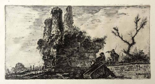 On the right, a figure mounted on a horse points towards the remnants of a square stone buildin…