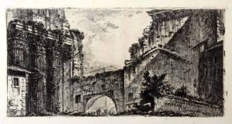 Figures pass under a small wide archway flanked by the high walls of a crumbling city. To the l…