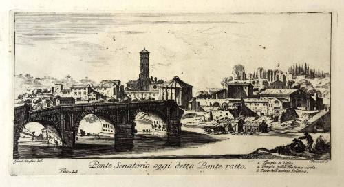 At left are the three arches of a bridge under shadow as a small boat docks opposite the unfini…