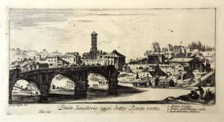 At left are the three arches of a bridge under shadow as a small boat docks opposite the unfini…
