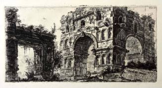 The ruins of a structure with four arched sides with rows of empty niches. To the left is an ov…