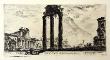 At center stands a row of three columns masked by shadow and beyond, a line of buildings center…