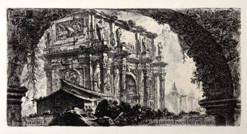 Through a stone arch overgrown with vegetation stands a triumphal arch with Corinthian columns …