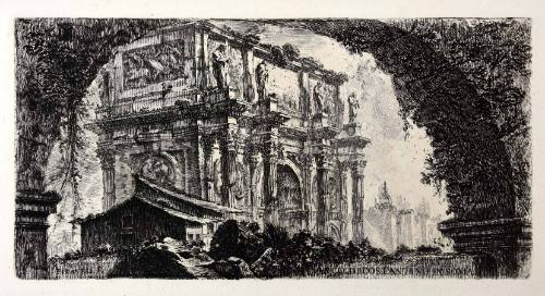 Through a stone arch overgrown with vegetation stands a triumphal arch with Corinthian columns …