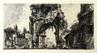 Small figures pass under a large imposing arch overgrown with vegetation - flanked on the left …