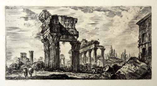 Two figures trek towards a triad of Corinthian columns, the remains of a toppled temple. An eng…