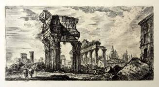 Two figures trek towards a triad of Corinthian columns, the remains of a toppled temple. An eng…