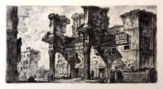 Small figures engaged in various activities are dwarfed by the crumbling ruins of a forum. At t…