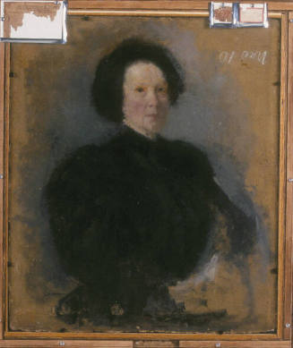 A pastel portrait drawing of an unknown woman in black with black hair. The verso or back of th…