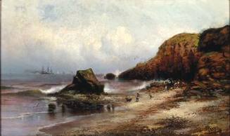A painting of a rocky seashore with cliffs on the right.