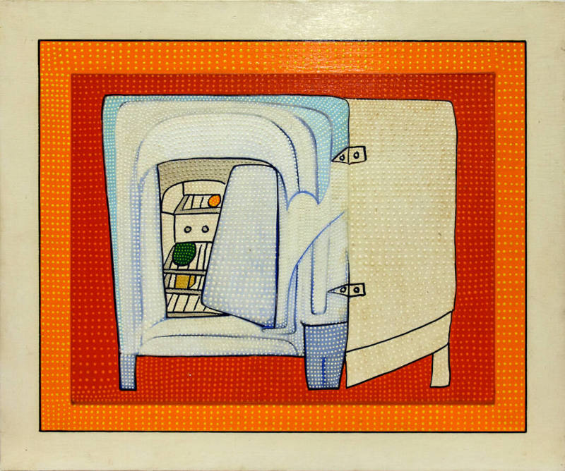 An open refrigerator bordered by red, orange, and white frames.