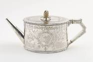 A Victorian sterling silver teapot with a finely engraved cartouche depicting a heraldic cross,…