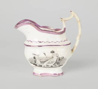 An English pink lusterware cream pitcher with a bat-printed transfer image of a woman and child…