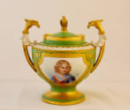 A green porcelain sugar bowl with a gold framed portrait of François Charles Joseph Bonaparte o…