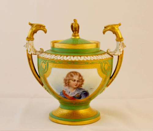 A green porcelain sugar bowl with a gold framed portrait of François Charles Joseph Bonaparte o…