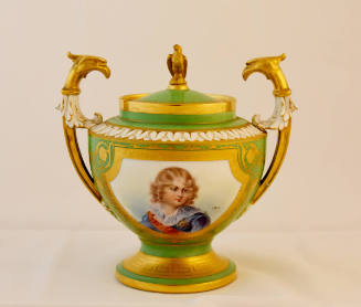 A green porcelain sugar bowl with a gold framed portrait of François Charles Joseph Bonaparte o…