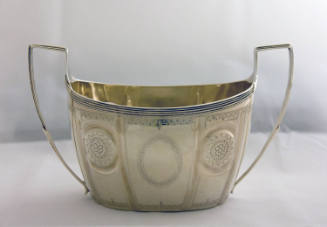 Sterling silver open sugar bowl with ovoid body in fluted, brightwork decorated panels, and upr…