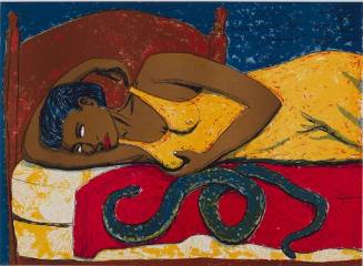 A woman wearing a yellow dress lays on a bed and cups one of her breasts. A snake is shown besi…