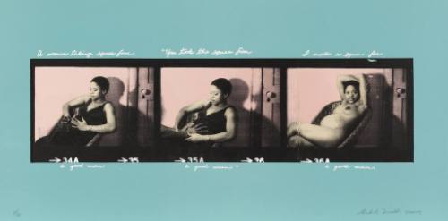 A self-portrait of the artist while pregnant. In the three photographs, a woman reclines on a w…