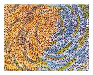 An abstract composition of red arrows creating a spiral over a blue, green, and yellow backgrou…