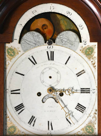 A close-up of the clock face. 