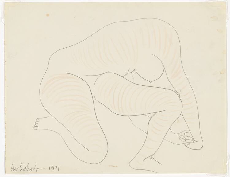 A nude, kneeling female figure covered with pale orange stripes.