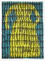 A yellow dress with long sleeves on a blue background is obscured by rows of black stamped figu…