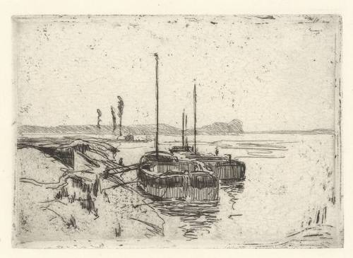 A landscape with two sailboats moored along the shore. 