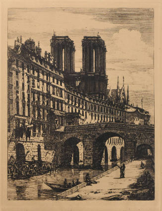 Attached to a row of buildings, an arched stone bridge spans a canal on which pedestrians strol…