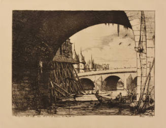 A photogravure of a stone archway with timber supports framing an arched bridge in the distance…