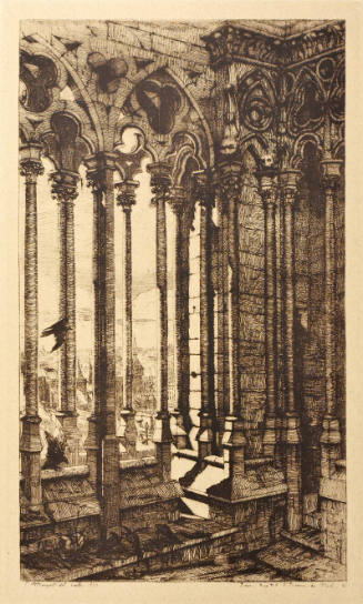 A photogravure of a gallery of gothic arched windows with slender stone columns and trefoils.