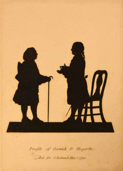 A silhouette of two men conversing - one on the left holding a cane and the other standing in f…