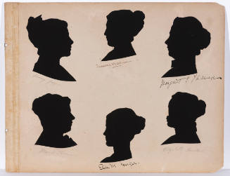 A set of six black female silhouettes mounted on a page from a scrapbook.
