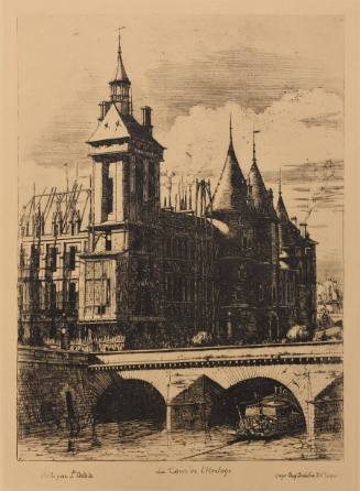 A photogravure of an arched bridge over a river with an imposing building under construction on…