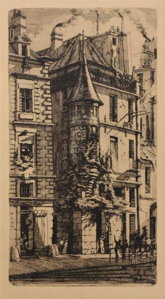 A photogravure of an old stone turret with vines on the side between two more modern buildings.